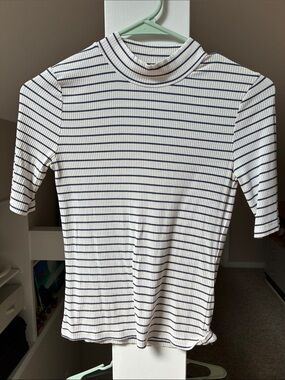 Madewell XS Striped Ribbed Mock Neck Top - White & Navy